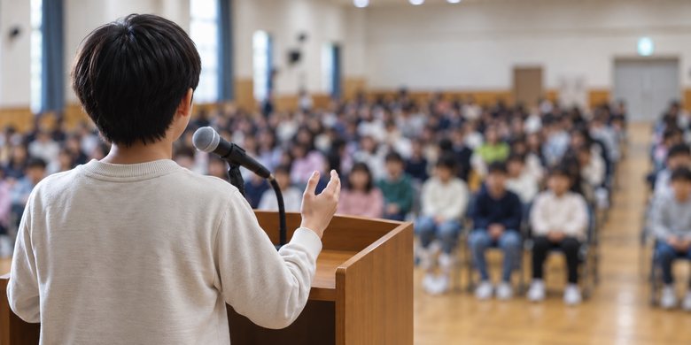 강당 연단에서 연설하는 학생의 뒷모습